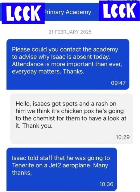 A screenshot of a text message conversation between a primary academy and a parent about a child's absence.