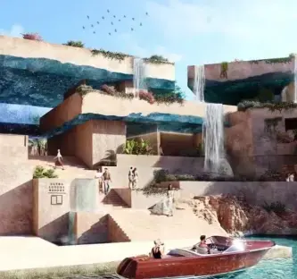 Illustration of an ultra luxury resort with waterfalls and a boat.