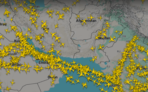 Flight radar screen grab showing numerous aircraft over the Middle East.