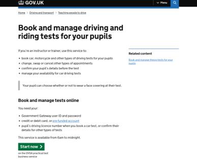 Screenshot of Gov.uk page for booking and managing driving and riding tests for pupils.