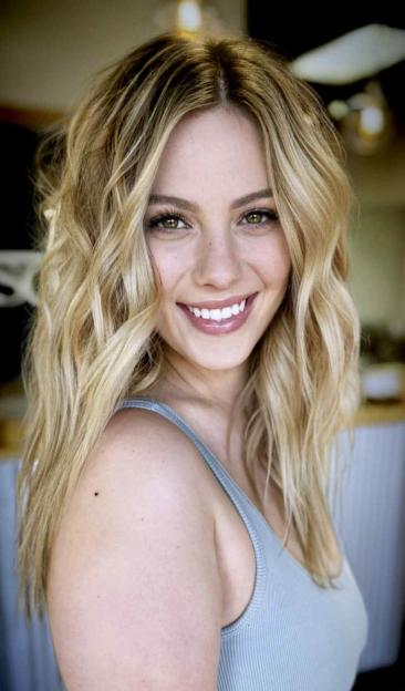 Raylee Reinhart with long blonde hair, wearing a light blue ribbed top.