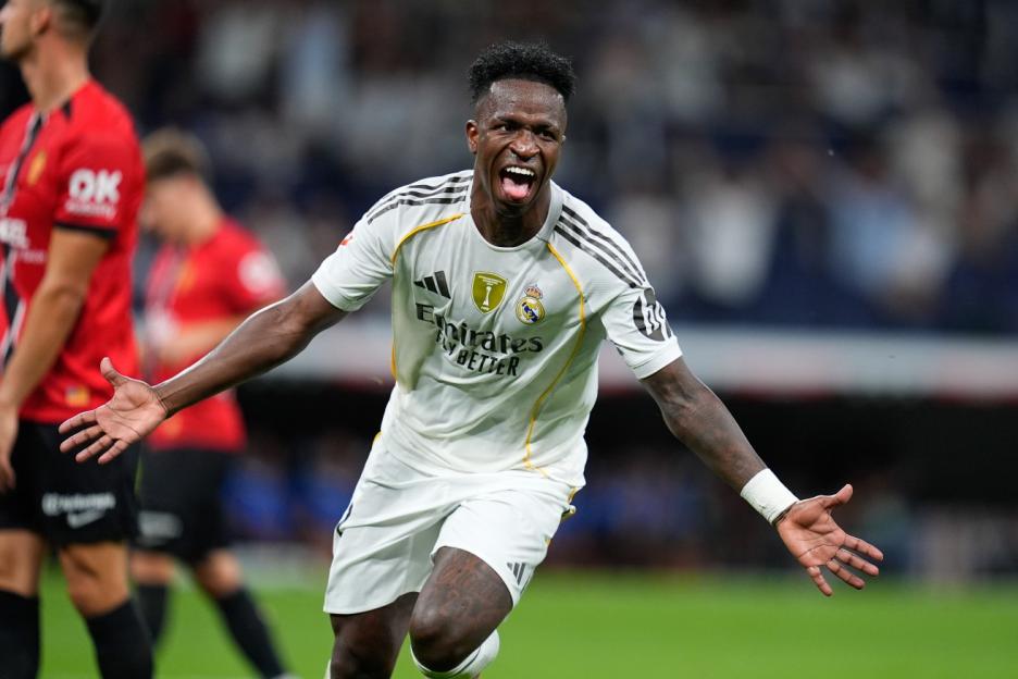 Vinicius Junior celebrating a goal for Real Madrid against RCD Mallorca.