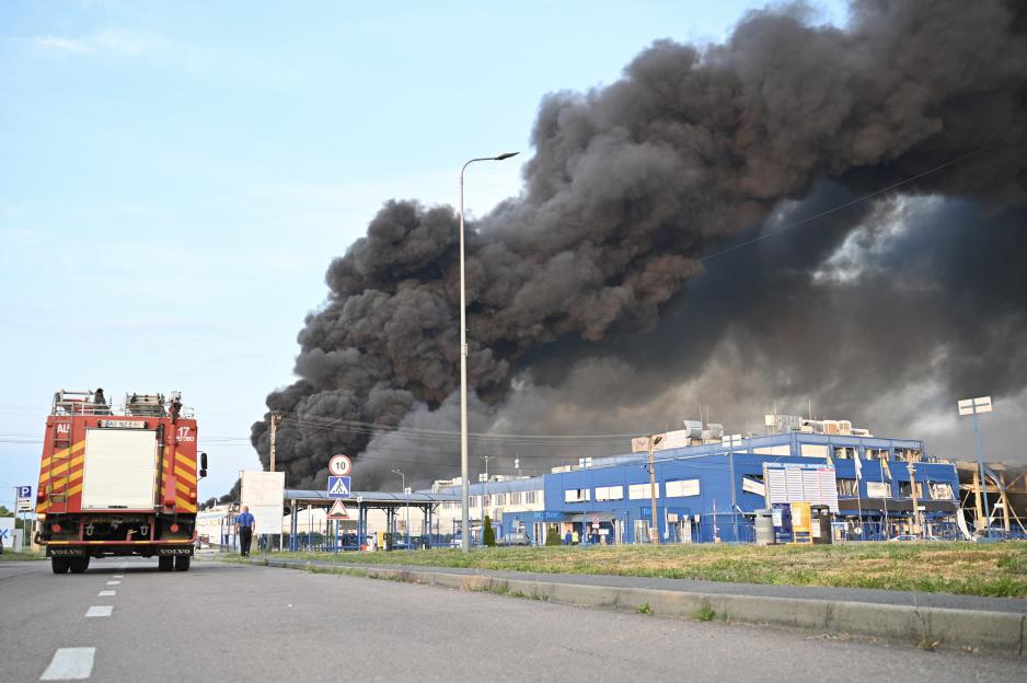 Firefighters battling a large fire at an electronics factory in Mukachevo, Ukraine.