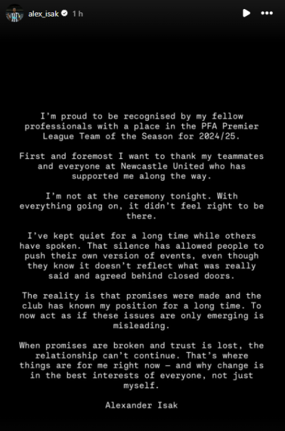 Alexander Isak's statement regarding his absence from the PFA Premier League Team of the Season ceremony.