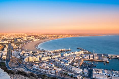 Panoramic view of Agadir, Morocco at sunset.