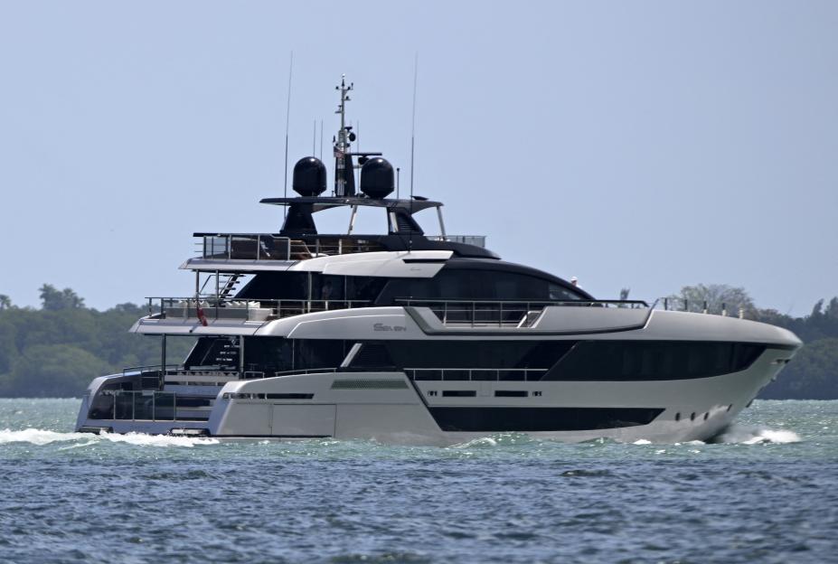 David Beckham's yacht, SEVEN, leaving a marina.