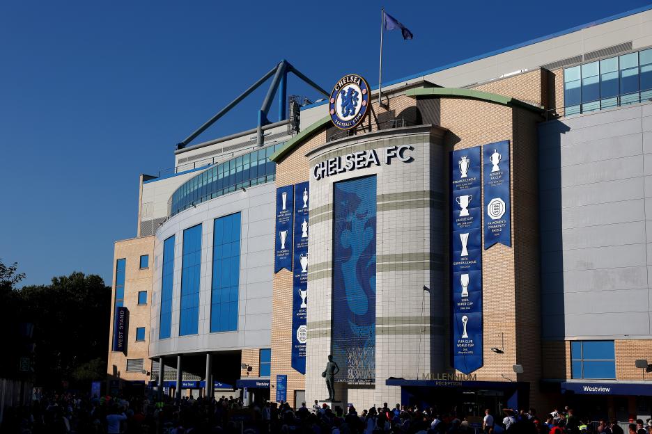 Exterior of Stamford Bridge stadium before a Chelsea soccer match.