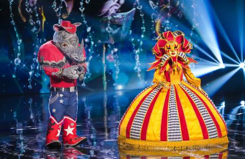 Rhino and Harlequin costumes from The Masked Singer.