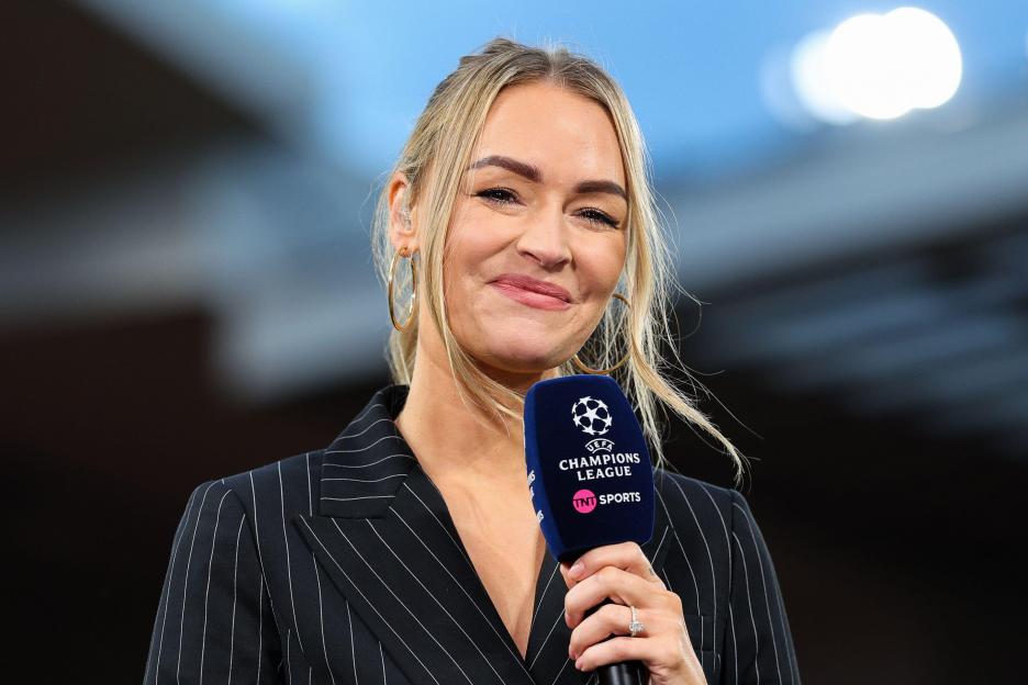 TNT presenter Laura Woods holding a UEFA Champions League TNT Sports microphone.