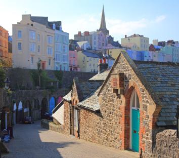 View of colorful houses in Tenby, Wales.