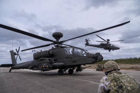 British Army Apache helicopters carrying Hellfire missiles during Exercise Northern Strike.
