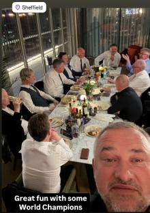 Photo of snooker world champions at a dinner in Sheffield.