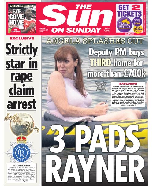 The Sun newspaper front page with the headline "ANGELA SPLASHES OUT Deputy PM buys THIRD home for more than £700k" and a photo of Angela Rayner on an inflatable kayak.