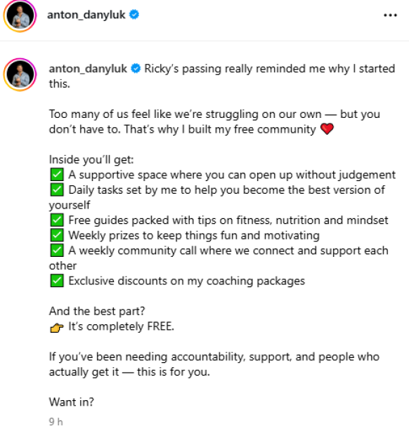 Anton Danyluk's Instagram post promoting his free community.