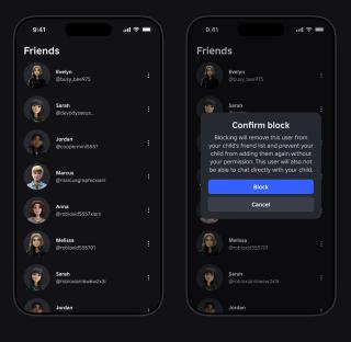 Illustration of a Roblox mobile app showing a friends list and a confirmation block popup.