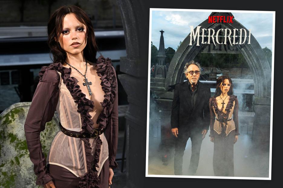 Collage of Jenna Ortega at the Wednesday premiere and a promotional image for the Netflix series.