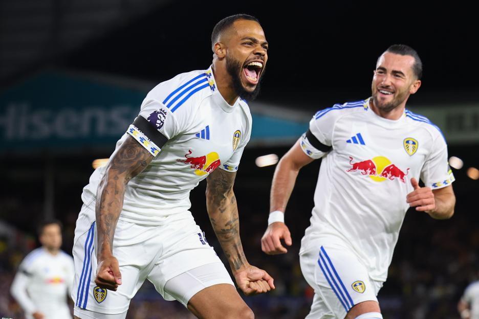 Lukas Nmecha of Leeds United celebrates a goal.