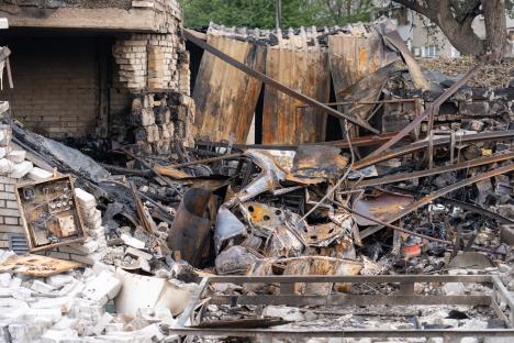 Debris of a fire-damaged building in Zaporizhzhia, Ukraine.