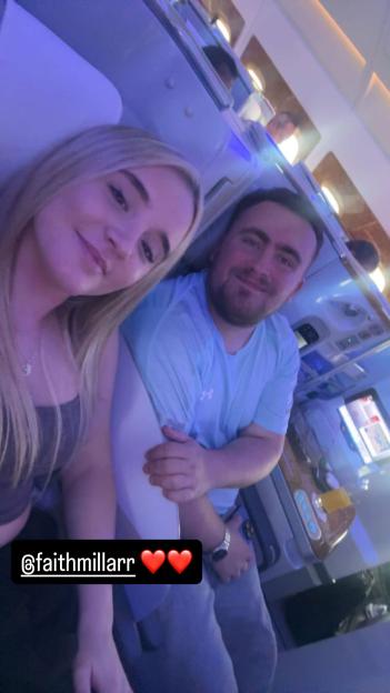 Luke Littler and Faith Miller on an airplane.