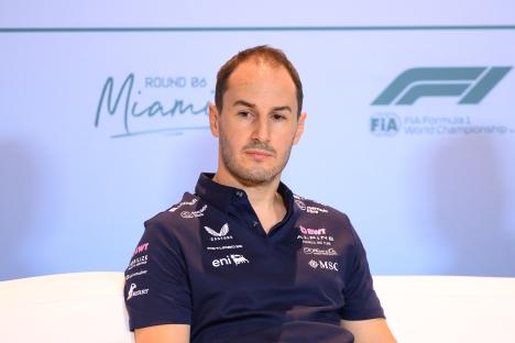 Oliver Oakes, BWT Alpine team principal, at a press conference.