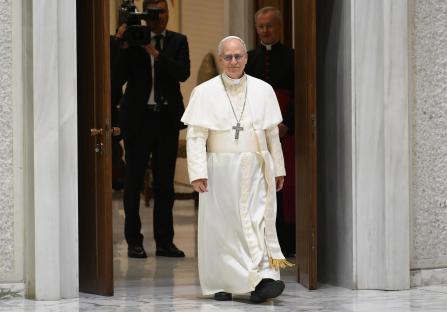 Pope Leo XIV arriving for a media audience.