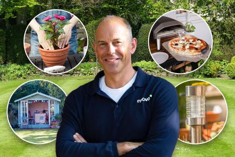Collage of a man with garden features including a pizza oven, potting plant, garden shed, and lights.