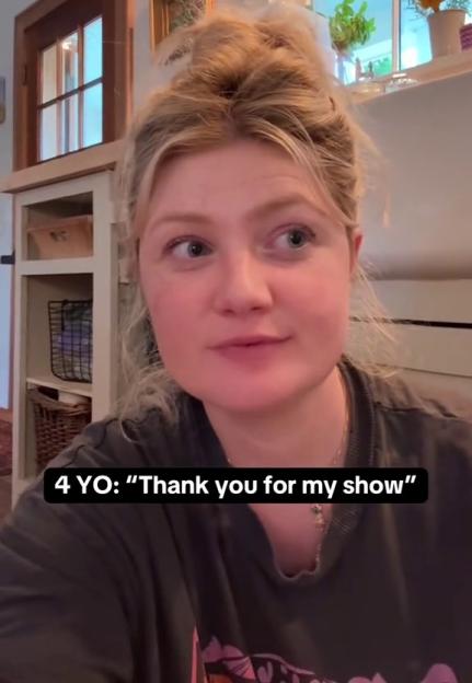Woman speaking to camera; text overlay reads: "4 YO: "Thank you for my show""