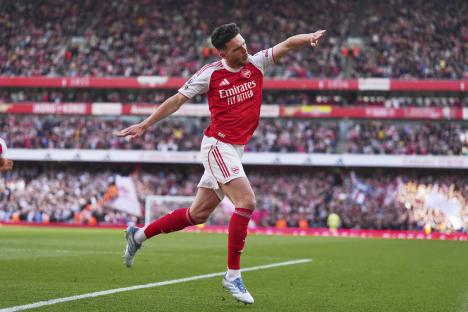 Declan Rice celebrating a goal for Arsenal.