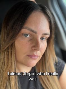 Woman with long hair, caption: