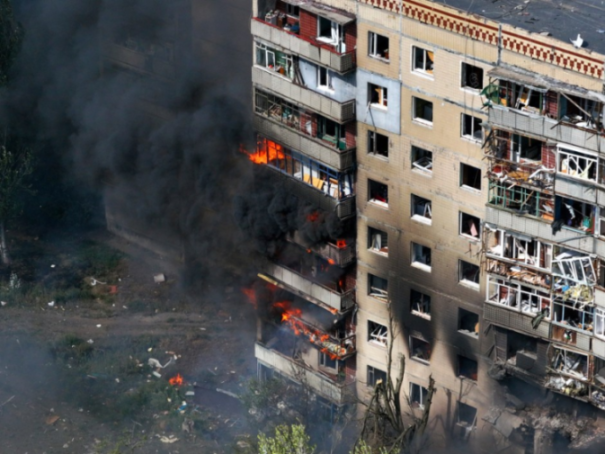 Burning apartment building.