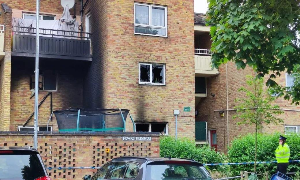Fire-damaged apartment building.