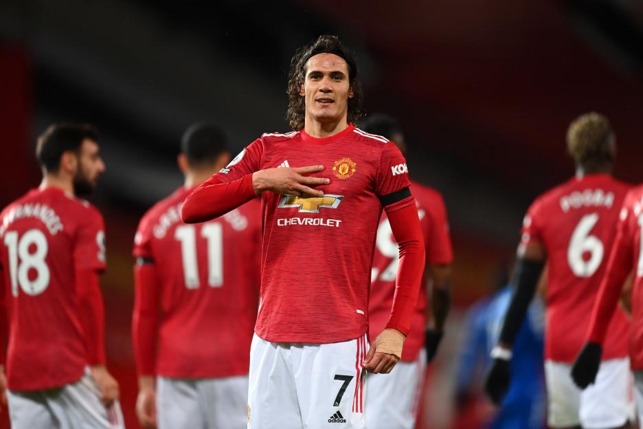 Edinson Cavani of Manchester United celebrates scoring a goal.