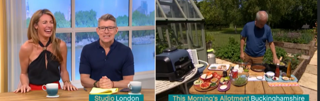 Screenshot of a television show split screen showing two hosts in a studio and a chef cooking outdoors.