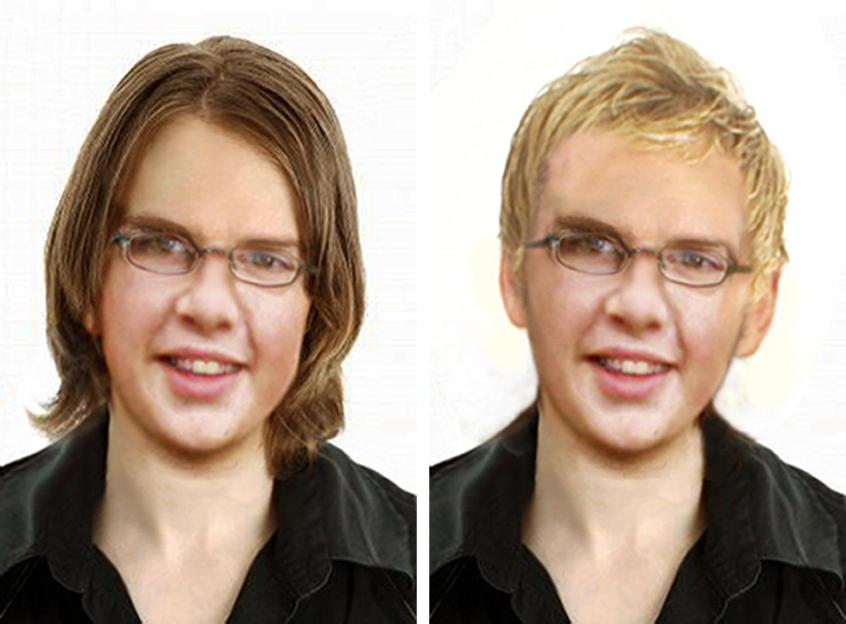 Two age-progressed pictures of Andrew Gosden, one with brown hair and one with blonde hair.