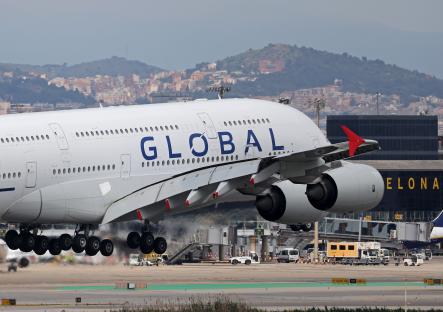 Global Airlines Airbus A380-84 landing.