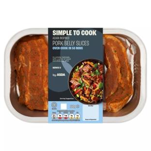 ASDA Asian-inspired pork belly slices in a tray, ready for oven cooking.