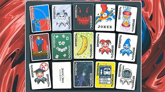 Collage of twelve unique joker playing cards.