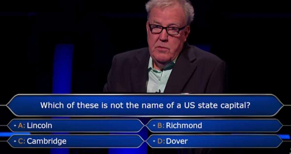 Screenshot of a contestant on Who Wants to Be a Millionaire? facing a question about US state capitals.