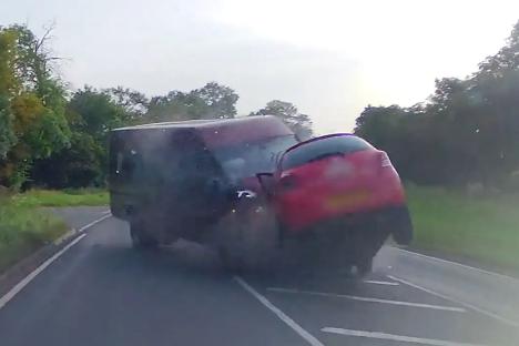Shocking moment Ford Transit ploughs head-first into TWO cars after barrelling wrong way down A-road