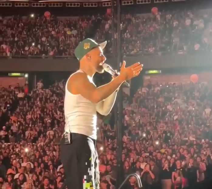 Singer performing on stage in front of a large crowd.