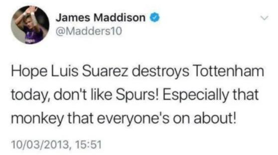 Screenshot of a tweet by James Maddison hoping Luis Suarez will defeat Tottenham.