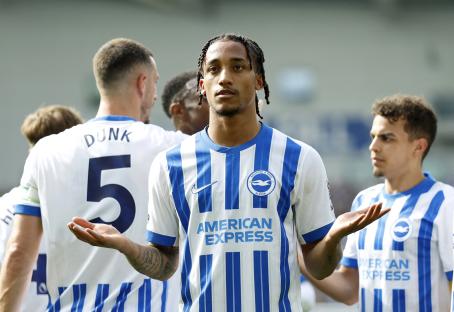 Joao Pedro of Brighton & Hove Albion reacting after scoring a goal.