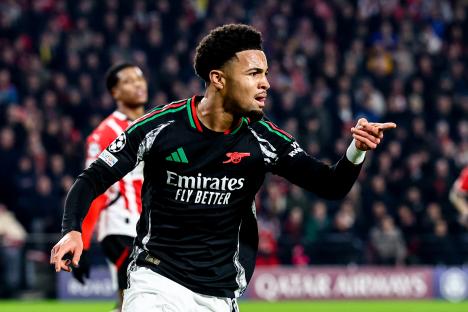 Arsenal's Ethan Nwaneri celebrating a goal.