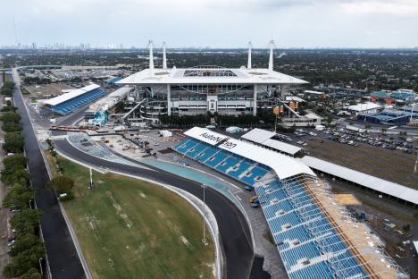 Aerial view of Hard Rock Stadium in Miami Gardens, Florida, with a temporary Formula 1 racetrack surrounding it.