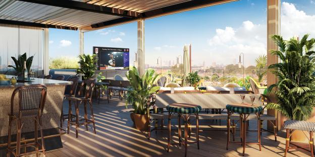 Illustration of a rooftop bar with city views.