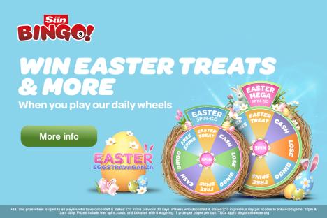 Illustration of Easter-themed prize wheel with chances to win cash, free spins, and more.