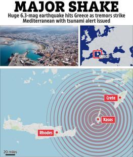 Illustration of a 6.3 magnitude earthquake in Greece, showing its impact area and tsunami alert.