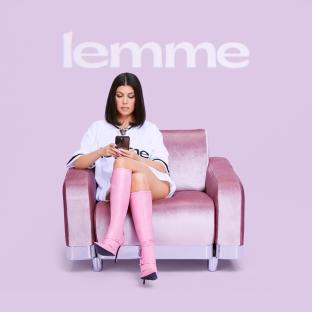 Kourtney Kardashian on a pink couch, looking at her phone; Lemme logo in the background.