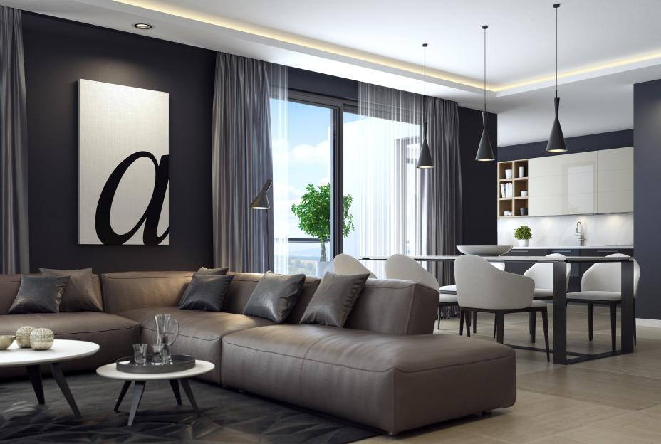 Modern luxury living room interior with dining and kitchen area.
