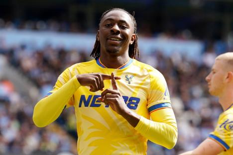Eberechi Eze celebrating a goal at the Etihad Stadium.